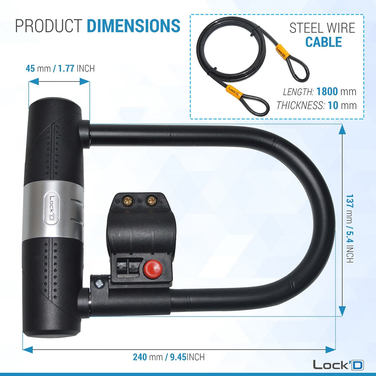 10 x U Shaped Bike Lock With Two Keys 1.8M Heavy Duty Cable With Bracket Bike D Lock