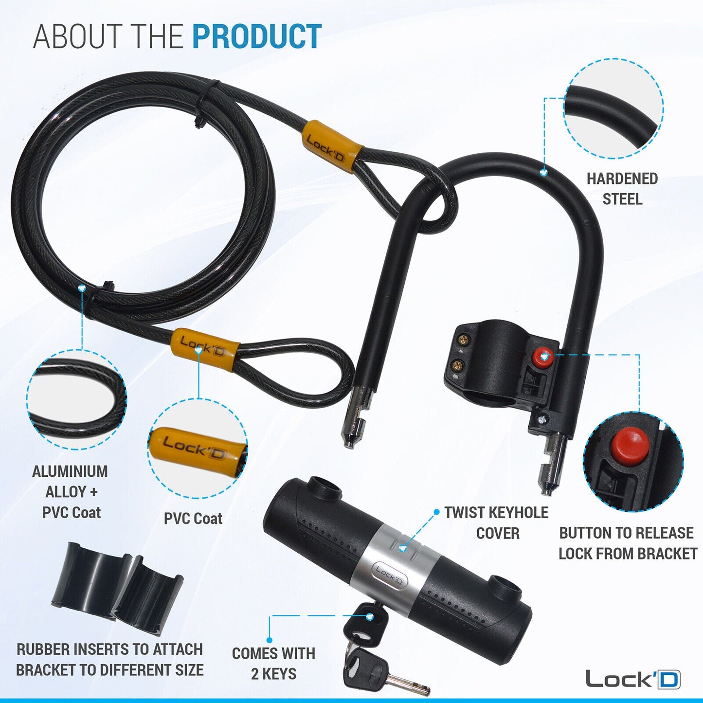 10 x U Shaped Bike Lock With Two Keys 1.8M Heavy Duty Cable With Bracket Bike D Lock